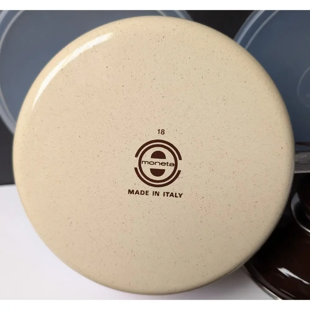 Vtg 70s Moneta Enamelware Pot Pan Set w/Lids 2 Cream Orange Brown Floral 6pc NEW